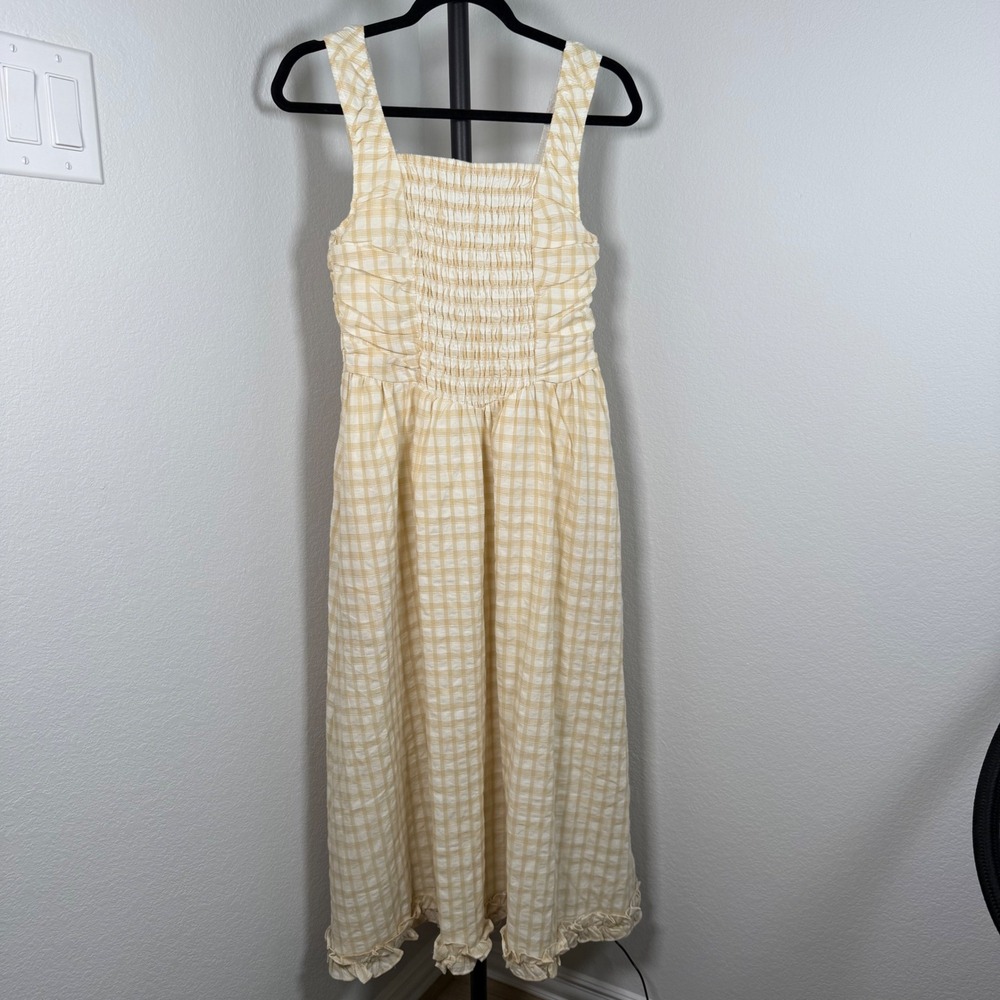 Yellow Gingham Smocked Midi Dress In The Beginning Womens Medium Ruffle Cutout